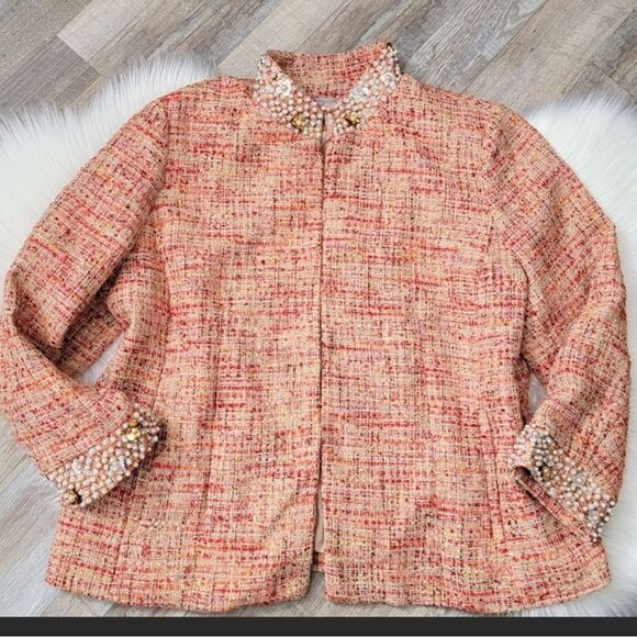 NWT- Chico's- Pink Embellish Jaqueline Tweed Jacket Blazer, Size M (8/10) - Picture 5 of 8